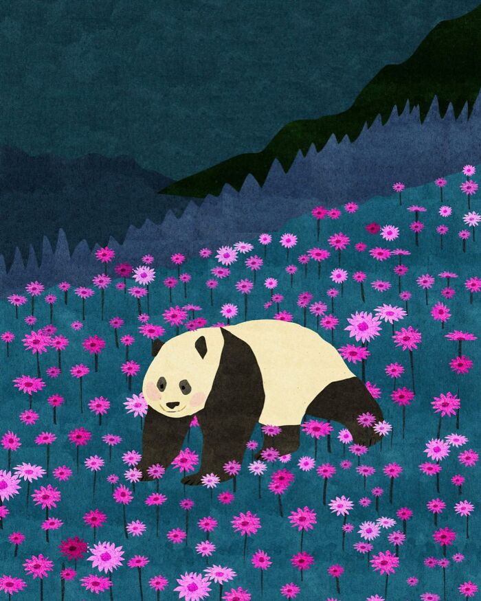 A serene panda illustration in a field of pink flowers with mountains, by a Vietnamese artist.