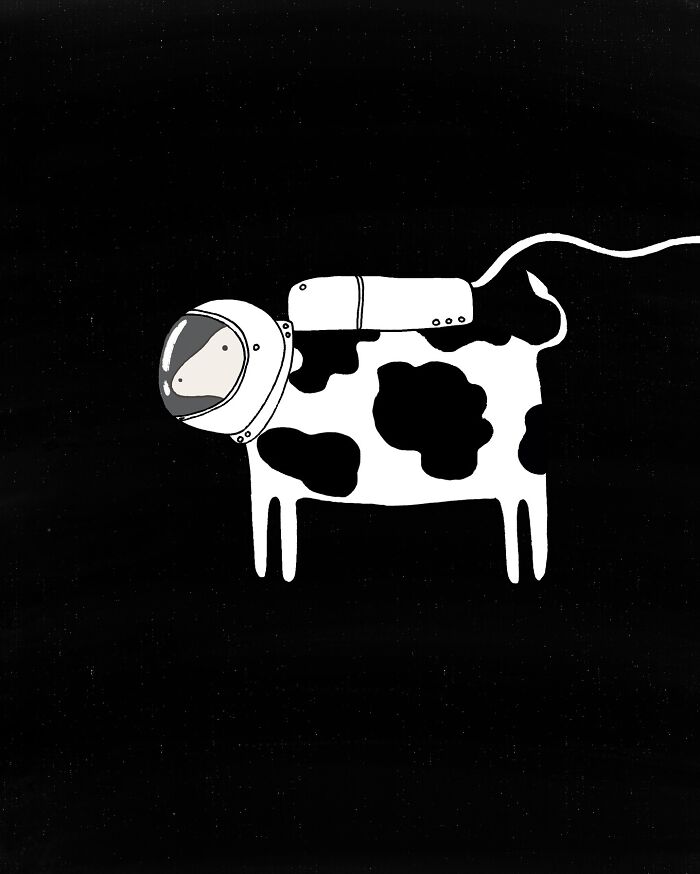 Illustration of a cow in a spacesuit, floating in space, adding humor to cow content.