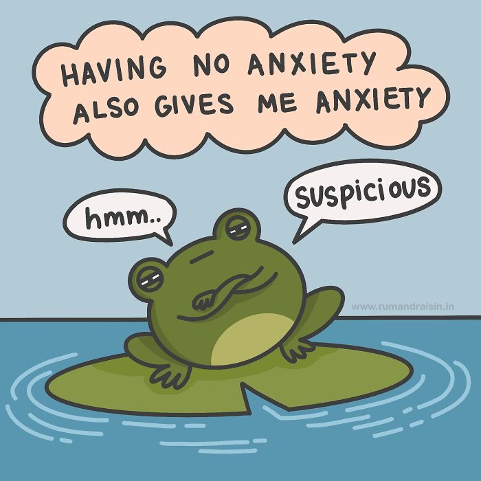 Frog on a lily pad with a thought bubble about anxiety, expressing suspicion and relatability.