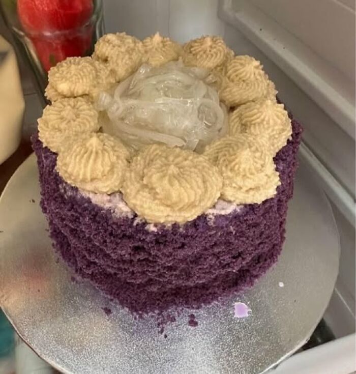 Purple cake with uneven icing, part of a funny baking fails collection in a fridge setting.