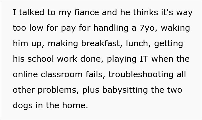 Text discussing low pay for babysitting includes tasks like caring for a child and dogs, and handling schoolwork issues.