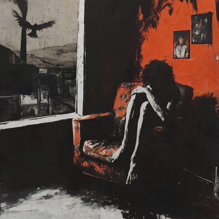 Painting of eerie scenery with a figure in a dark room, inspired by industrial decay and folklore.