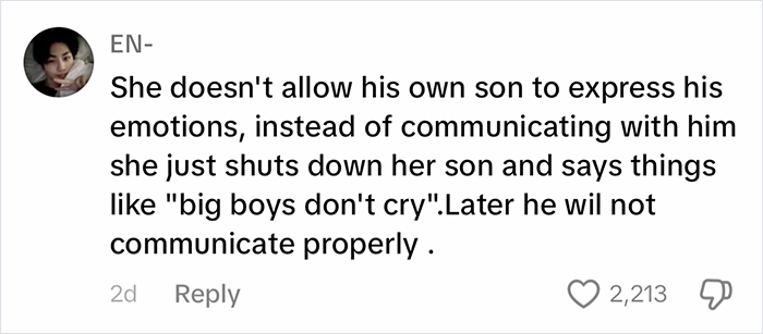 Comment critiquing "big boys don't cry" parenting approach with 2,213 likes. Comment critiquing "big boys don't cry" parenting approach with 2,213 likes.