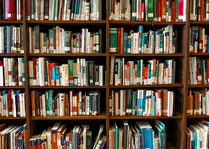 Books neatly arranged on wooden shelves, reflecting things Gen X misses from life without social media.