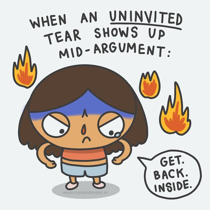 Cartoon illustrating anxiety, showing a stressed character with tears and flames, saying "Get. Back. Inside."