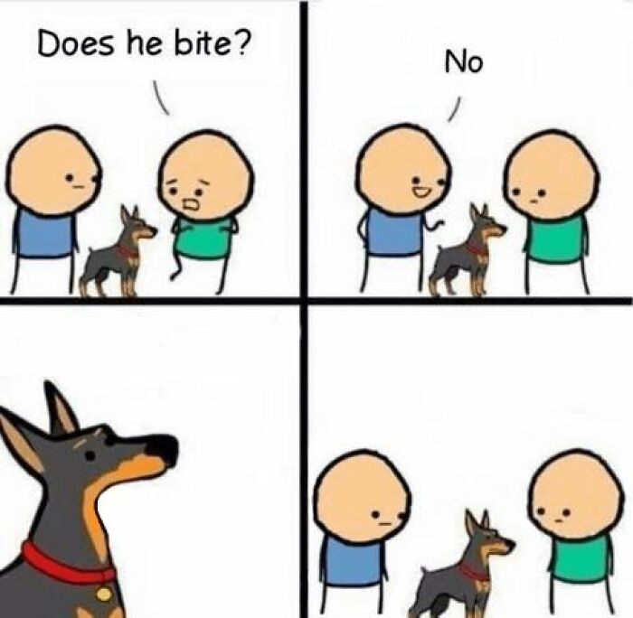 Comic about literal memes featuring a dog; person asks if it bites, the reply is no, with a twist in the next frame.