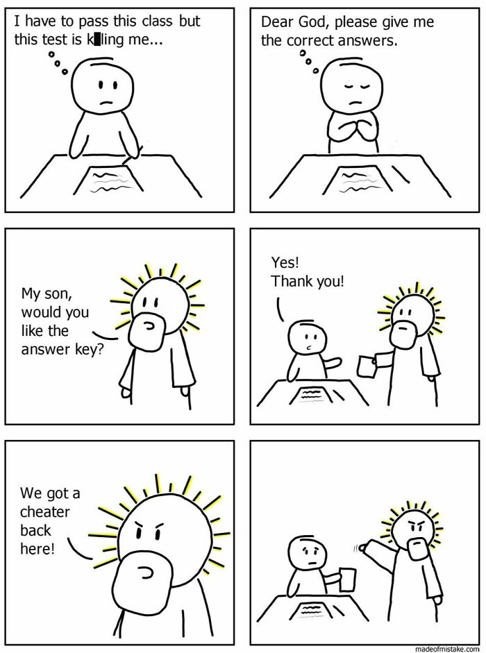 Minimalistic comic about a student praying for test answers, humorously involving divine intervention.