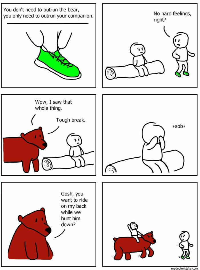 Minimalistic comic about everyday observations showing a bear, two people, and a humorous situation.