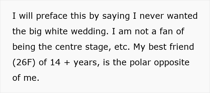 Text excerpt expressing differing wedding preferences between friends.