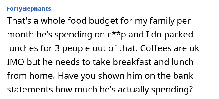 Text expressing concern over husband spending money on lunch and coffee instead of saving by eating home-packed meals.