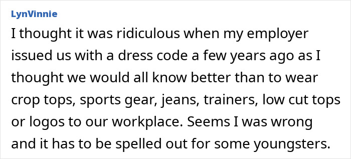 Text about a workplace dress code mentioning trainers, crop tops, and sports gear. Text about a workplace dress code mentioning trainers, crop tops, and sports gear.