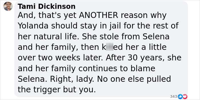 Comment discussing parole denial for woman who assassinated pop star Selena.