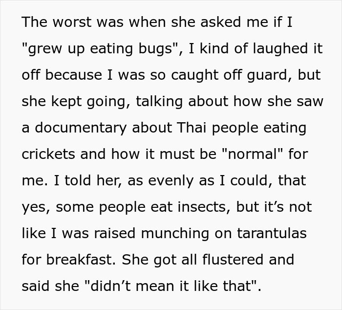 Text excerpt about a coworker insulting another's food preferences, mentioning documentaries and cultural assumptions. Text excerpt about a coworker insulting another's food preferences, mentioning documentaries and cultural assumptions.