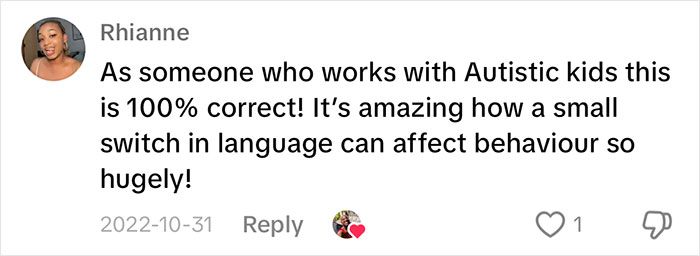 Comment praising parenting tips for autistic kids, highlighting language's impact on behavior. Comment praising parenting tips for autistic kids, highlighting language's impact on behavior.