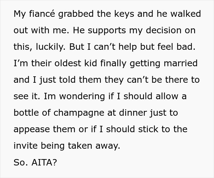Text from a groom questioning his decision to disinvite parents over a dry wedding. Text from a groom questioning his decision to disinvite parents over a dry wedding.