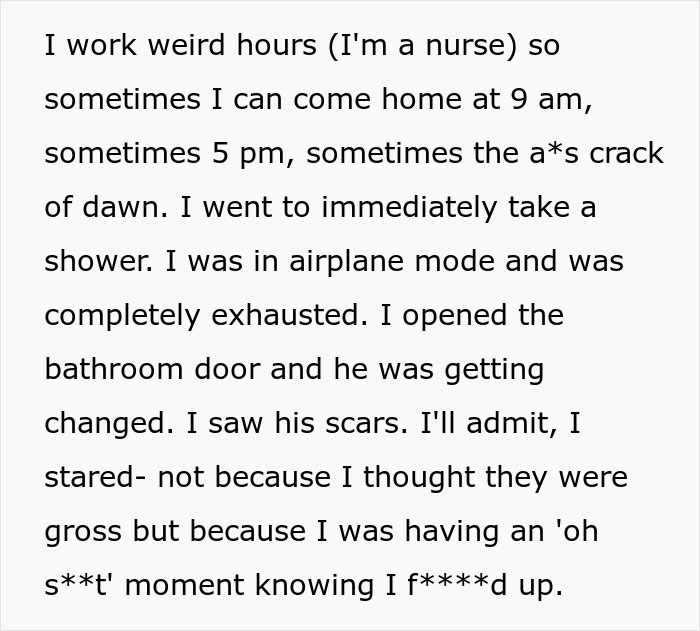 Text about a nurse's reaction upon seeing boyfriend's burn scars, feeling guilty and anxious about a mistake.