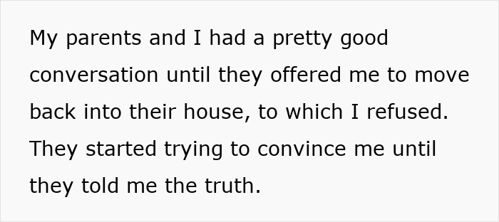 Text from a teenager discussing a conversation with parents about moving back home.