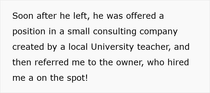 Text about job referral and immediate hiring, related to a daughter's story of shattered dreams.