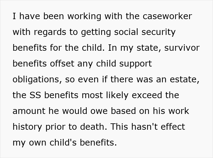 Text discussing survivor benefits for a child and impact on child support.