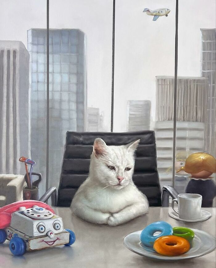 Anthropomorphic artwork of a cat sitting at a desk in an office, surrounded by toys and donuts, by Richard Ahnert.