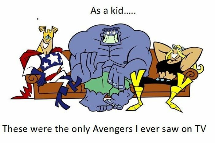 Nostalgic cartoon characters resembling superheroes sitting on a couch with text about childhood TV favorites.