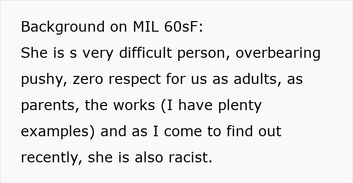 Text describes a problematic and racist mother-in-law expressing disrespect towards her children and their parenting.