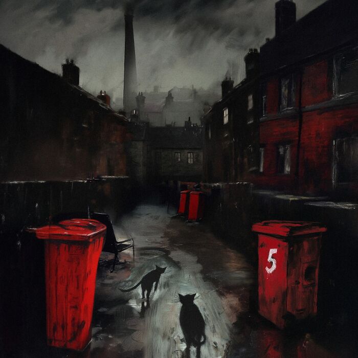 Eerie scenery painting with industrial decay and working-class town, featuring dark alley and red bins.
