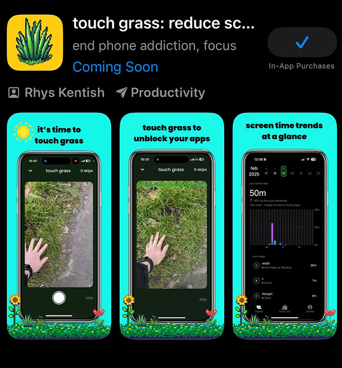 App forces you to touch grass to unblock social media, showing screen time trends and productivity features.