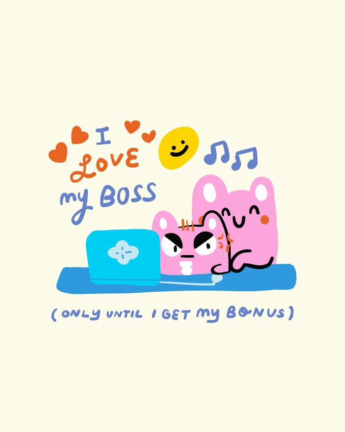Cute characters express love for the boss humorously with a laptop and cheerful icons.