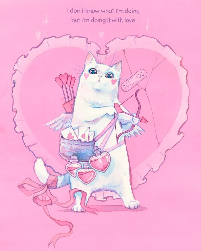 Dream-like painting of a playful cat as Cupid with a bow, arrows, and a heart-shaped basket on a pink background.