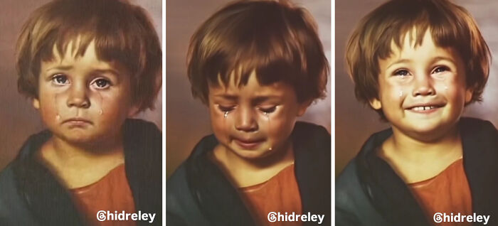 Bragolin’s crying children transformed from tears to smiles using AI in a series of 16 image edits.