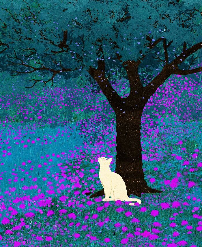 A serene illustration by Vietnamese artist, featuring a white cat under a tree surrounded by purple flowers.
