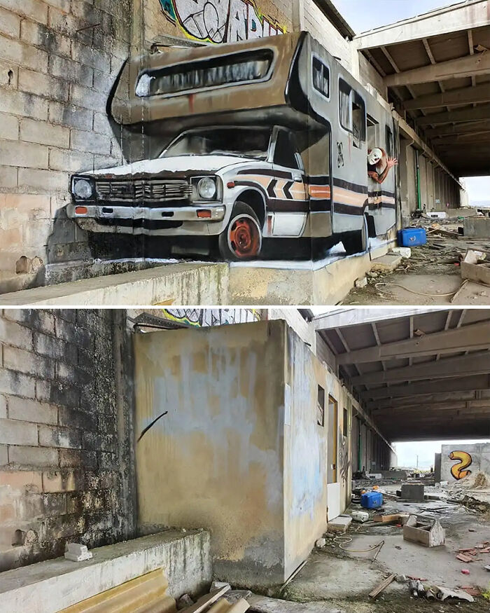 3D street art masterpiece of a camper van illusion on a building wall.