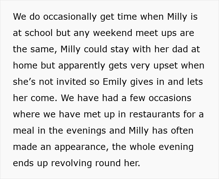 Text discussing a woman often bringing her child to adult-only events despite group preferences.