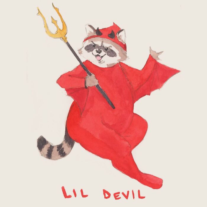 Watercolor painting of a sassy raccoon dressed as a devil, with pop culture flair.