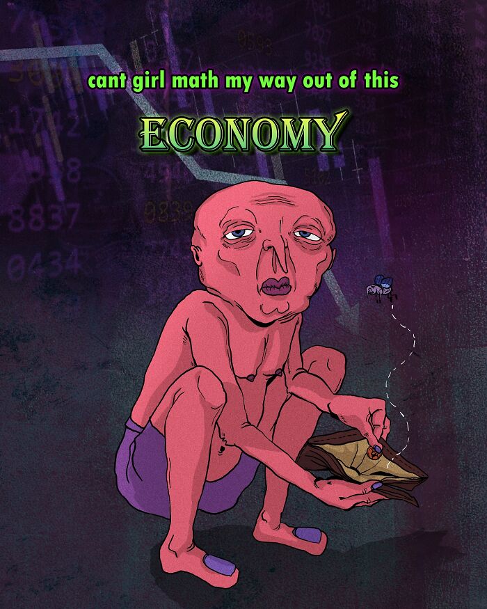 Uncomfortably funny illustration of a bald figure holding an empty wallet, with text about the economy.