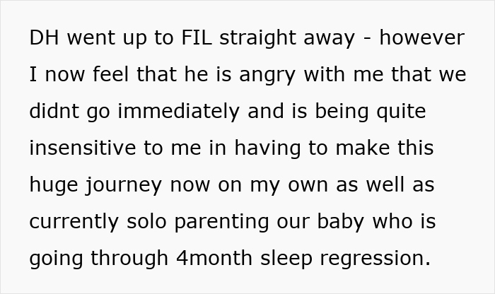 Text discussing husband's anger as wife prioritizes baby's health over MIL's funeral.