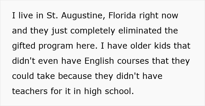 Reasons for moving to a blue state: education issues in Florida, such as cutting gifted programs and lack of English courses.