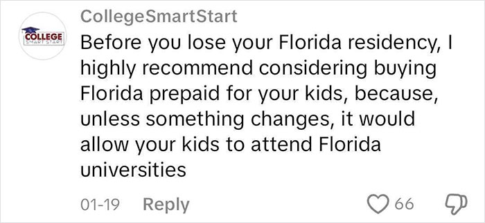 Comment advising on Florida prepaid tuition as a reason for moving to a blue state.