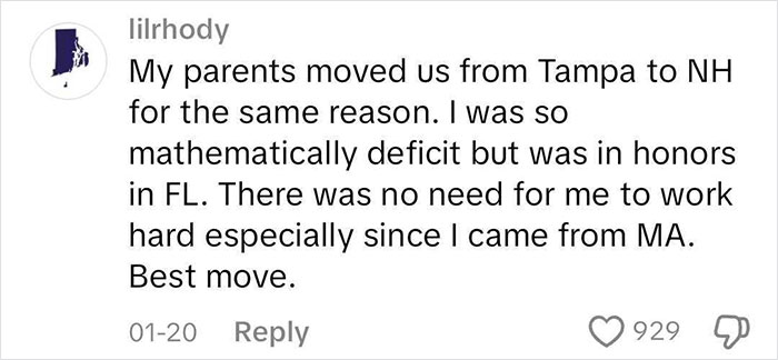 Comment discussing moving to a blue state and benefits, supported by 929 likes.