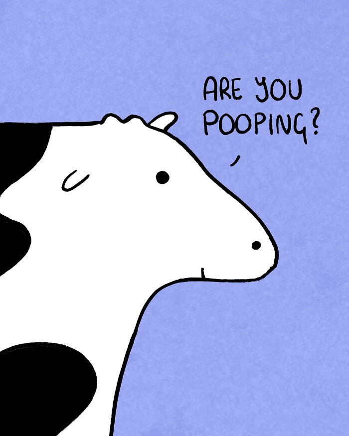 Cartoon cow with a curious expression asks a humorous question, adding a playful touch to cow illustrations.
