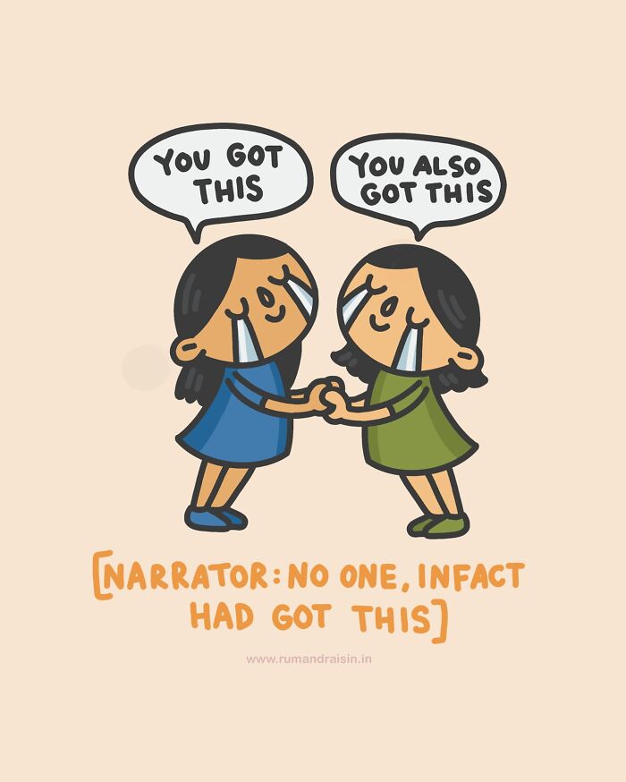 Cartoon illustrating personal experiences with anxiety; two girls encourage each other with "You Got This" speech bubbles.
