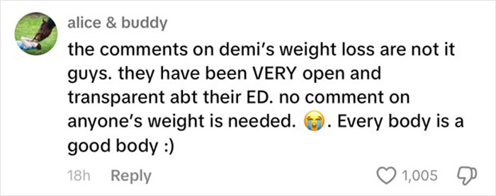Comment discussing Demi Lovato's weight loss, emphasizing transparency and body positivity.