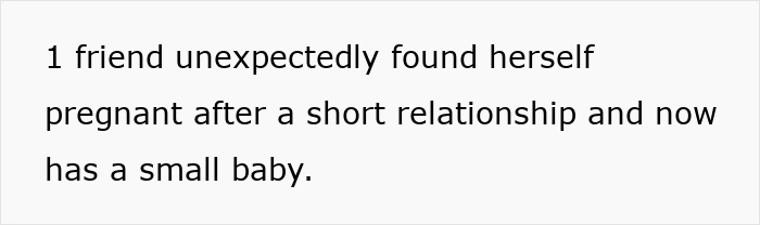 Text discussing baby drama and unexpected pregnancy in a childfree friend group.