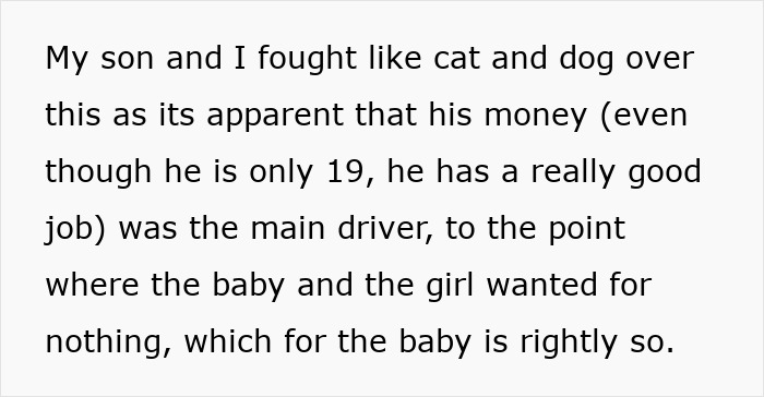 Text about son's financial role and arguments regarding baby's needs with grandma's controversial idea. Text about son's financial role and arguments regarding baby's needs with grandma's controversial idea.