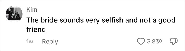 Comment criticizing a bride's decision regarding a bridal party situation.