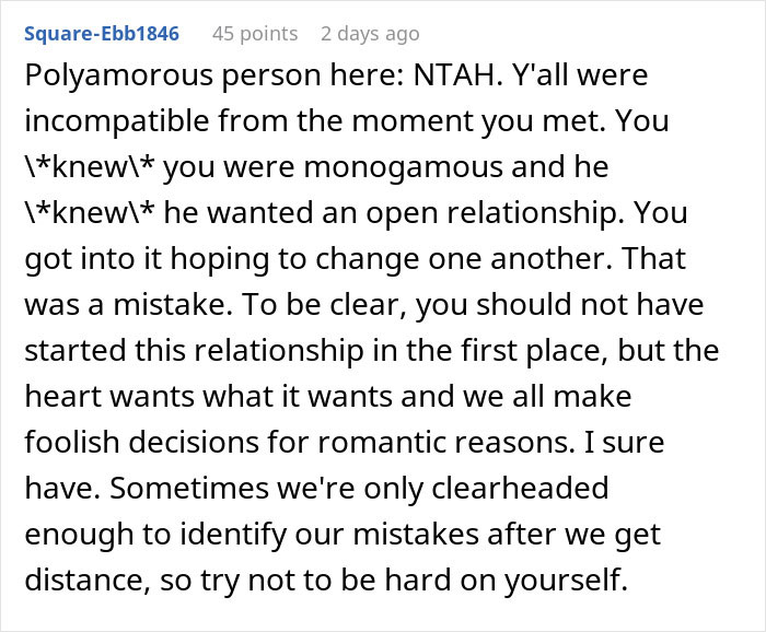 Comment on relationship mismatch due to open relationship request, leading to breakup.