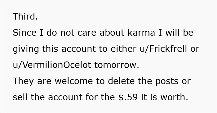 Text message about giving away an account due to bad behavior in the past.