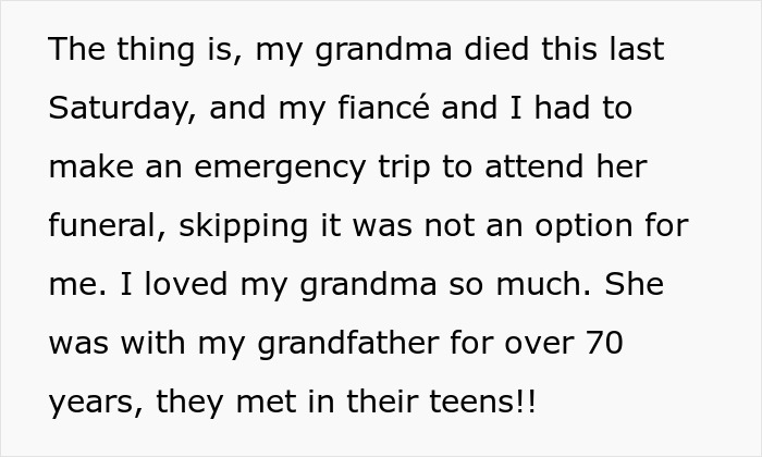 Text about a last-minute trip to grandmother's funeral, impacting wedding invitations expectations.