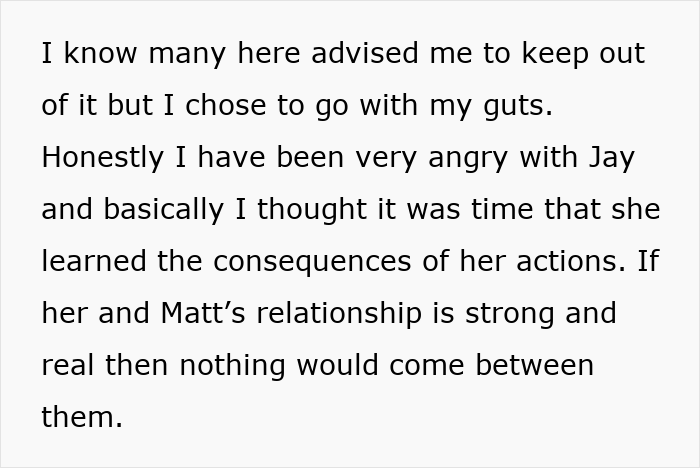 Text discussing sister's handsome crush, relationships, and consequences of actions.